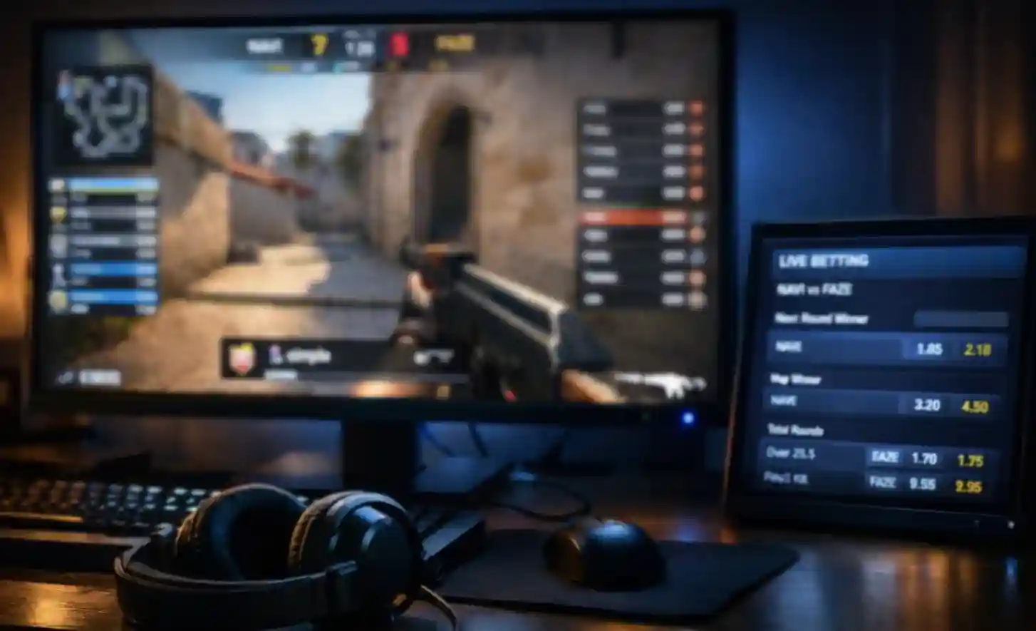 CS2-Match-Livestream auf einem Monitor mit Live-Wetten-Oberfläche