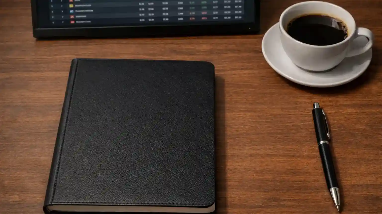 Notizbuch mit Teamanalyse-Notizen und Statistiken neben einem Bildschirm