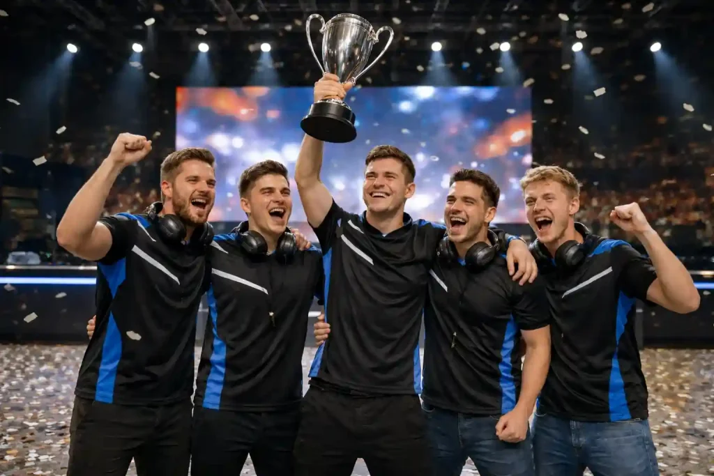 eSports-Team feiert einen Turniersieg auf einer grossen Bühne mit Konfetti und Pokal
