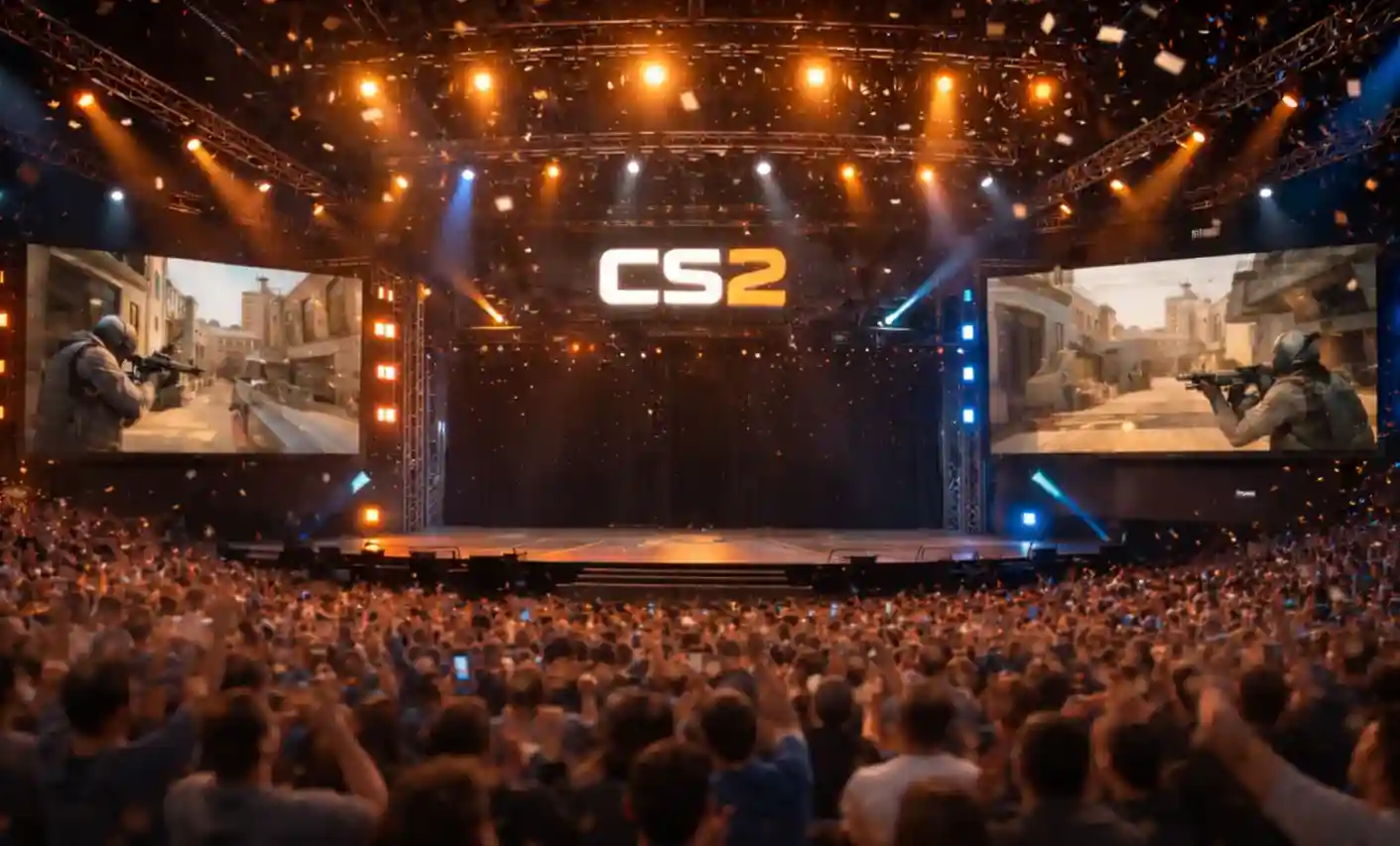 CS2-Turnierbühne mit Teams und jubelndem Publikum in einer Arena