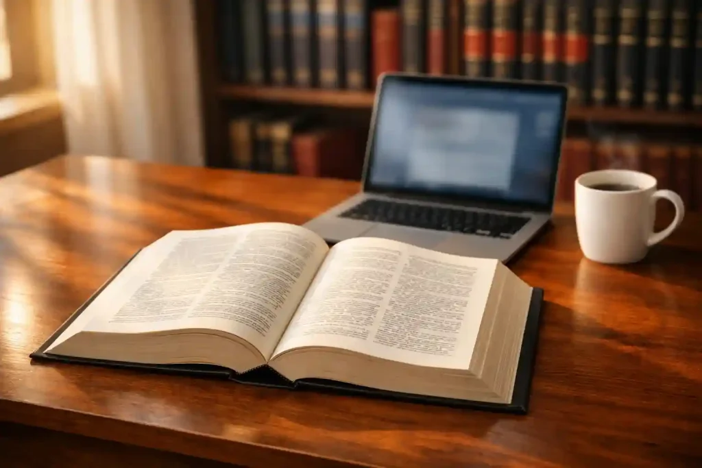 Schreibtisch mit aufgeschlagenem Gesetzbuch, Laptop und einer Tasse Kaffee in warmem Licht