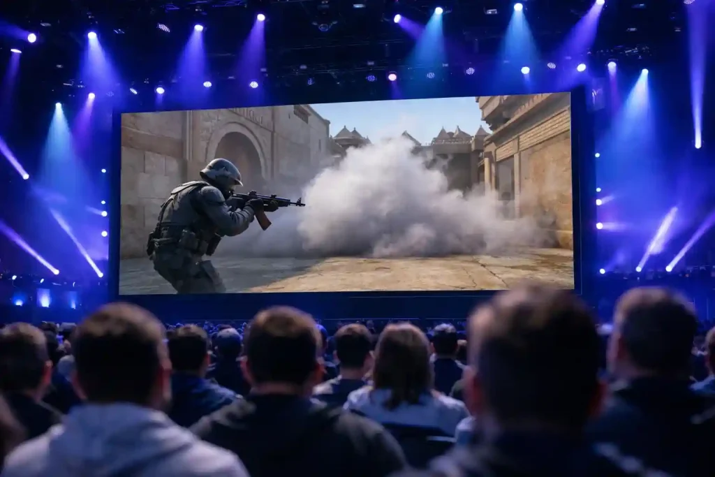 Nahaufnahme eines CS2-Matches auf einem grossen Turnierbildschirm mit Zuschauern im Hintergrund