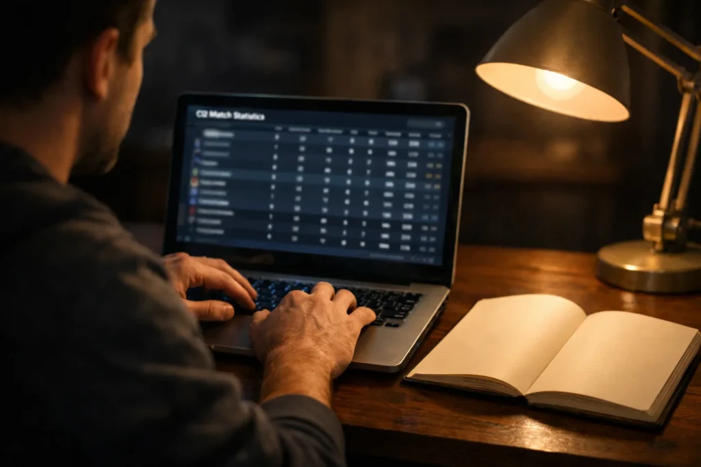 Person analysiert CS2-Statistiken auf einem Laptop mit Notizbuch und Stift daneben